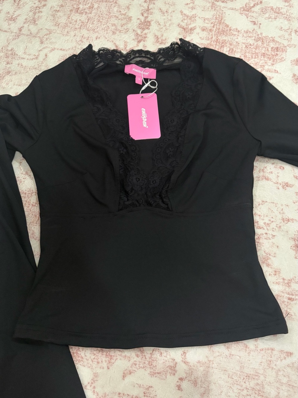 Edikted Black Long Sleeve Lace-Trim Top with Tags